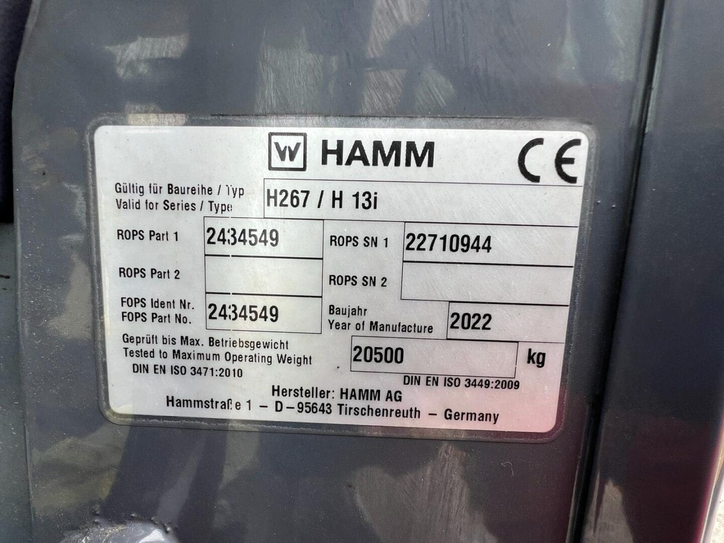 Hamm equipment identification plate, 2022