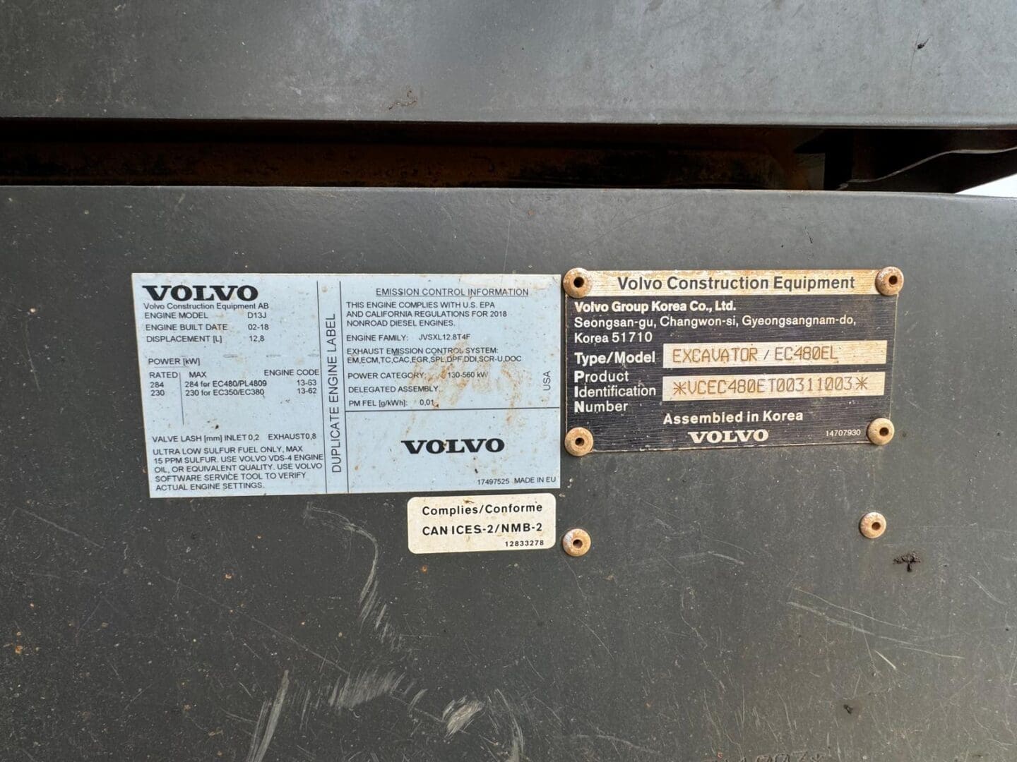 Volvo construction equipment identification plates