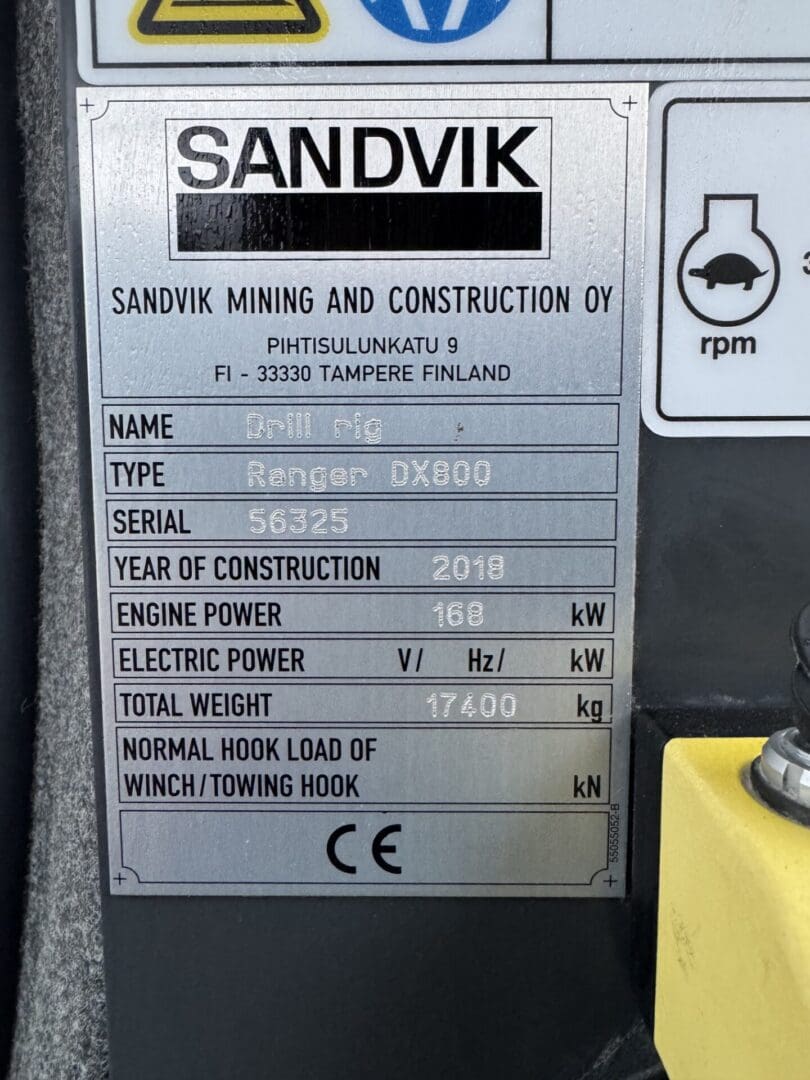Sandvik mining equipment specification plate close-up