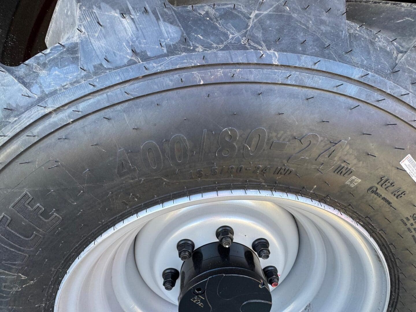 Close-up heavy-duty tire and wheel hub